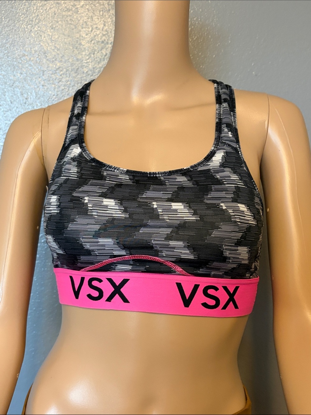 VSX Gray Camo Sports Bra with Pink Logo Band